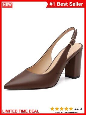 Slingback Chunky Heels Faux Leather Pointed Toe Pumps Business Casual